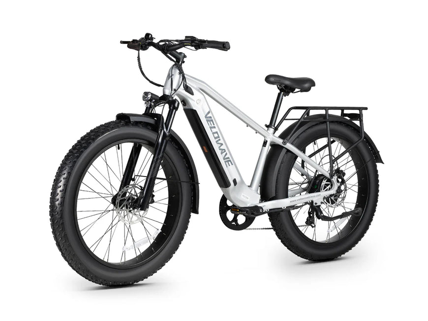 White electric bike with black tires on a white background. Valowave Ranger 3.0 Fat Tire All-Terrain Electric Bike