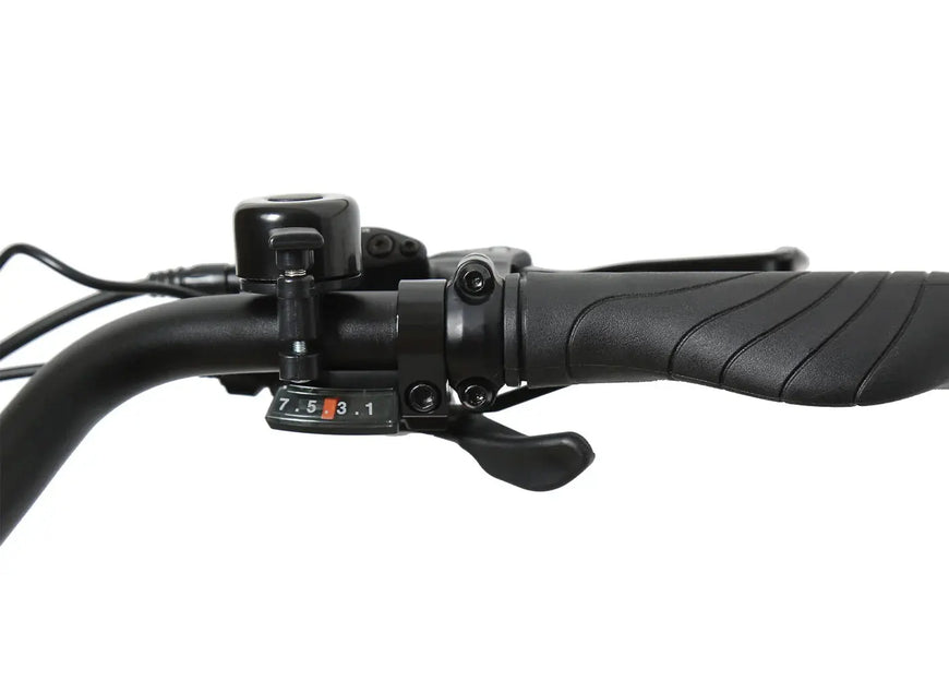Close-up of a bicycle handlebar with control levers and brake lever on a white background. JADE Step Through Commuter Ebike