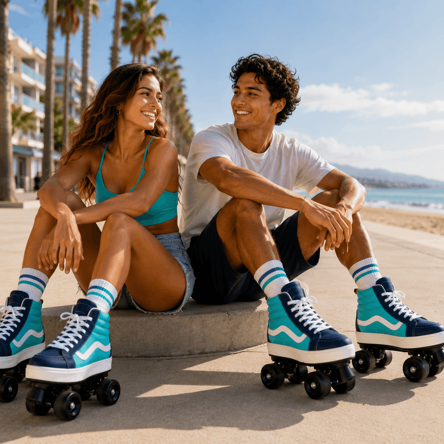 A smiling couple sits on a concrete ledge by the beach, wearing matching teal and navy high-top roller skate shoes with white wavy side stripes, white socks, and a white t-shirt and denim shorts.