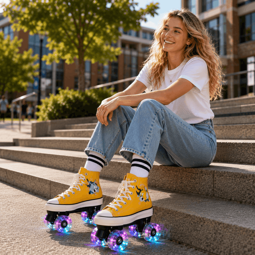 A woman sits on outdoor stone steps wearing bright yellow high-top roller skate shoes with multicolored LED wheels, blue jeans, and a white t-shirt.