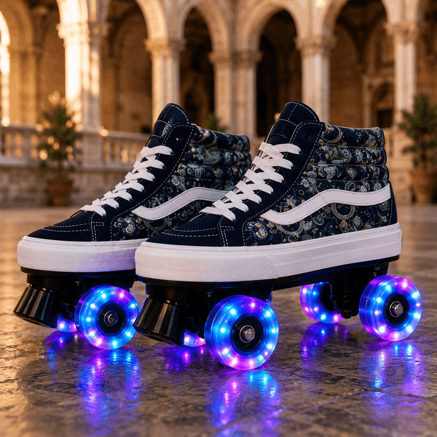 A pair of high-top roller skates with a navy blue and gray floral pattern, white laces, white side stripes, and glowing blue and purple LED wheels, set against a blurred classical stone colonnade background.