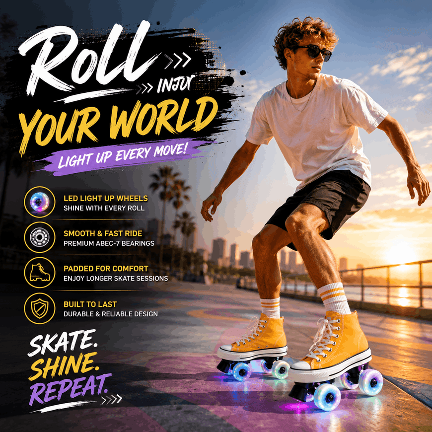 Person rollerblading with promotional text about rollerblades on a cityscape background