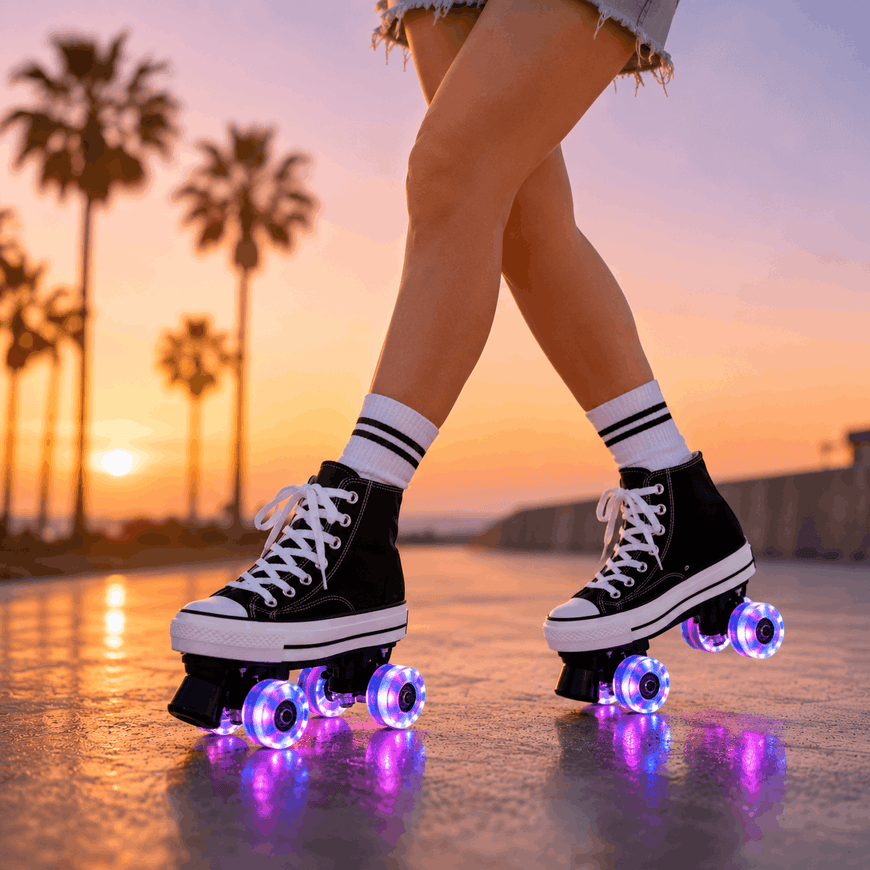 Person wearing roller skates with glowing wheels on a beach at sunset.