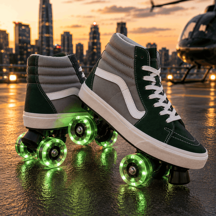 A pair of high-top roller skates styled like Vans sneakers, featuring dark green and gray panels, white laces, and glowing green LED wheels, set against a city skyline at sunset with a helicopter in the background.