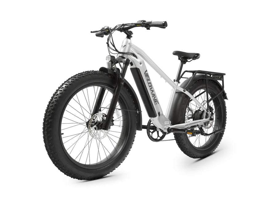 White electric bike with black tires on a white background. Valowave Ranger 2.0 Fat Tire All-Terrain Electric Bike