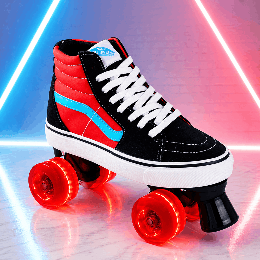 Red, black, and blue roller skate with red wheels on a reflective surface with neon lights.