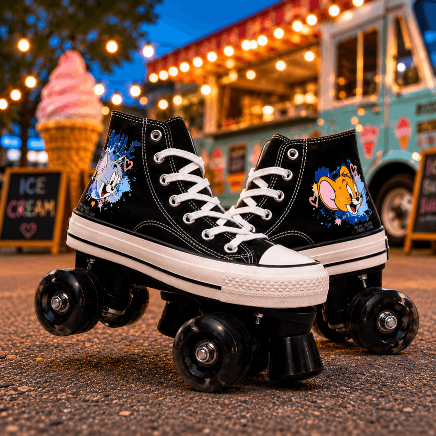 A pair of black high-top roller skates with white laces and white rubber toe caps, featuring cartoon character graphics on the sides, photographed outdoors on pavement with a blurred ice cream truck and lights in the background.