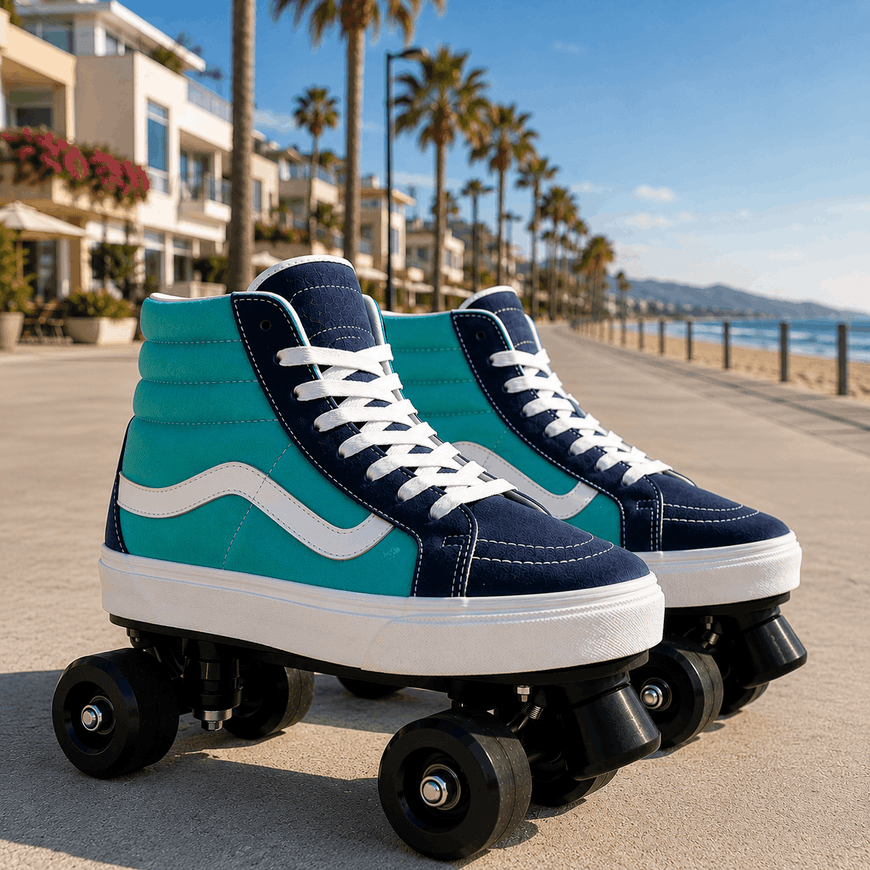 A pair of high-top roller skates styled like classic skate shoes, featuring teal green, navy blue, and white panels with black wheels, set on a sunny beach boardwalk with palm trees and ocean in the background.