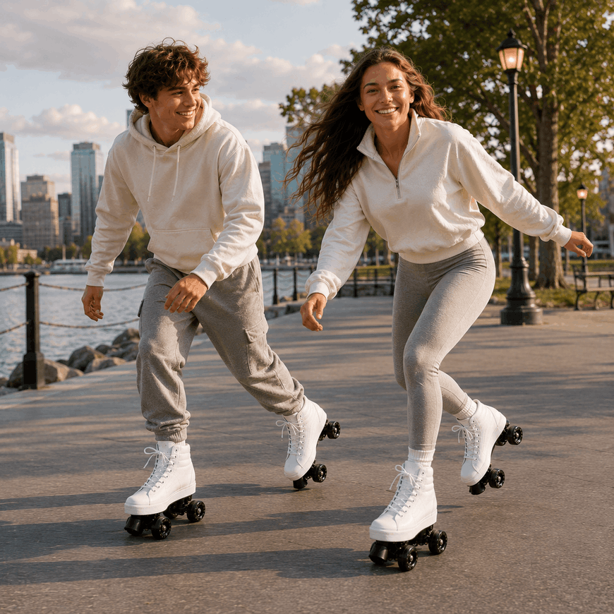Two people roller skating outdoors on a paved waterfront path, with trees, a lamp post, water, and a city skyline in the background. Both are wearing white hoodies and light gray fitted pants or leggings with white roller skates.