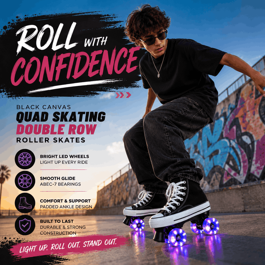 Person roller skating with promotional text and graphics for roller skates.