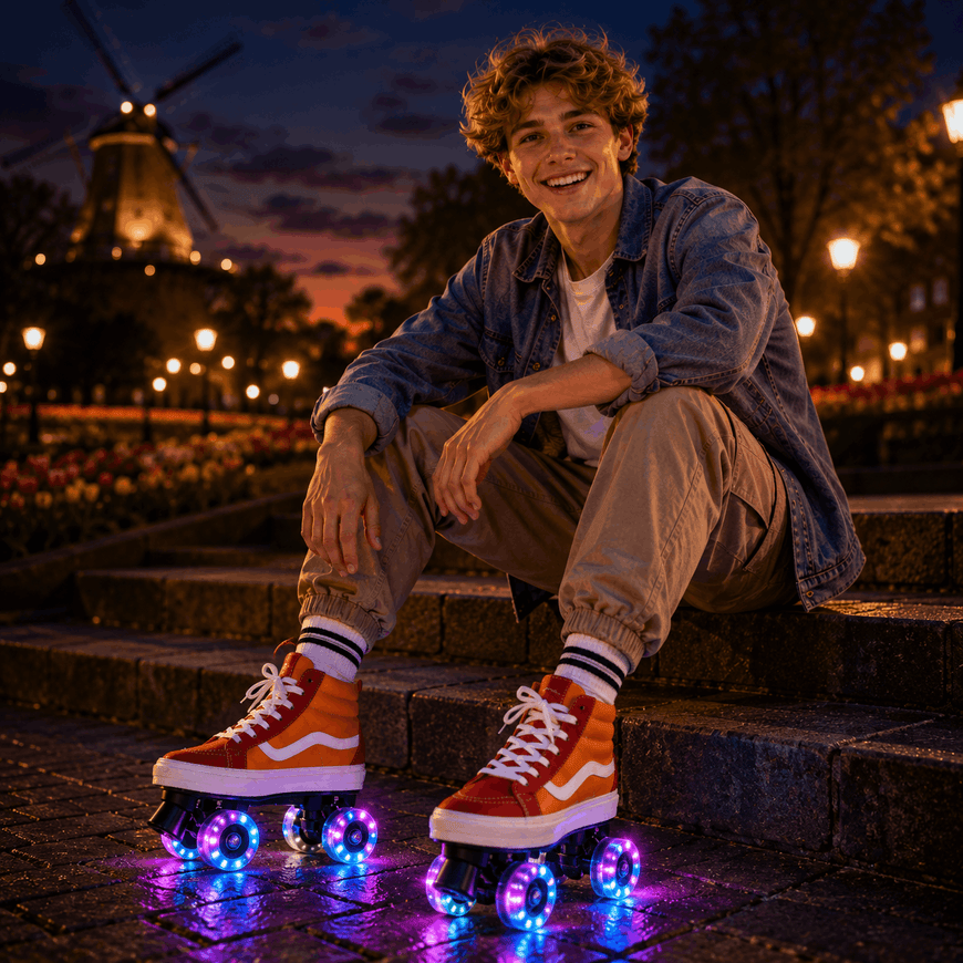 A smiling young man sits on stone steps at dusk wearing orange and white roller skate shoes with glowing multicolor wheels, a blue denim shirt, and tan pants. A windmill and warm street lights are visible in the background.