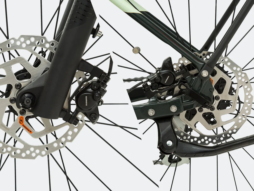 Close-up of bicycle disc brakes on a white background. Valowave Swift M Mid-Drive Electric Bike