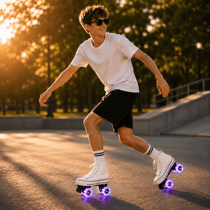 Person rollerblading on a sunny day with trees in the background