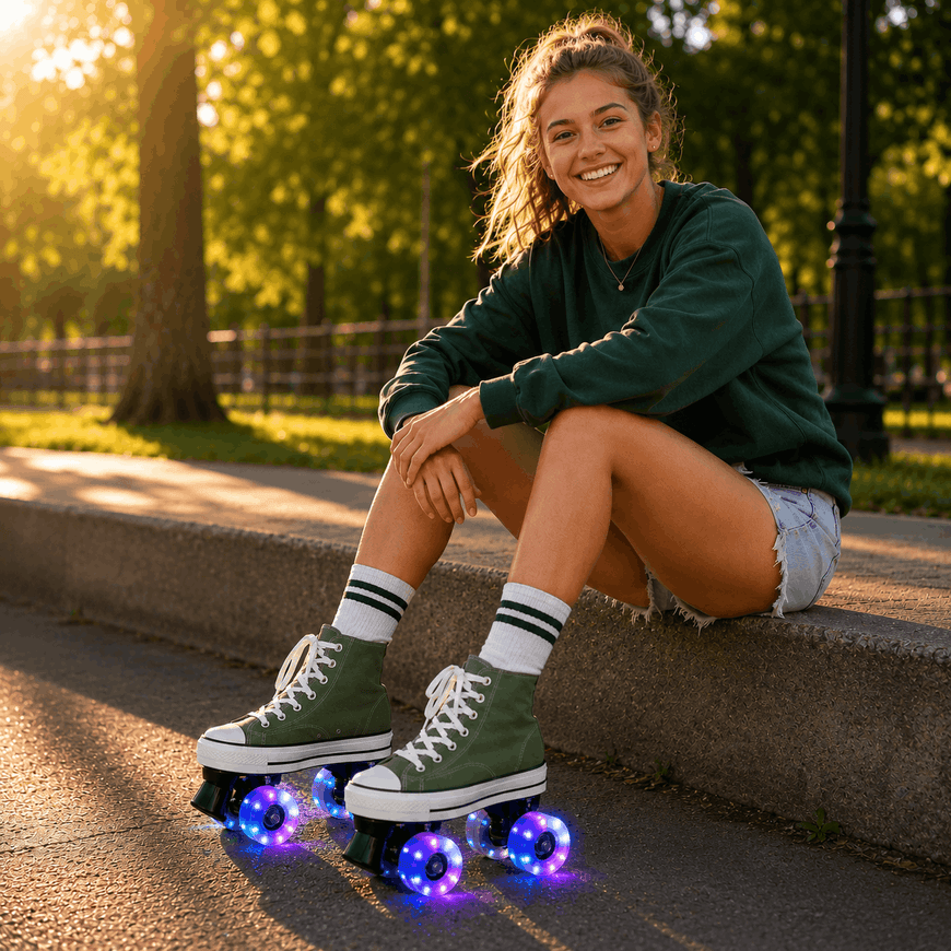 Person sitting on a park bench wearing green roller shoes with glowing wheels, surrounded by trees and sunlight.