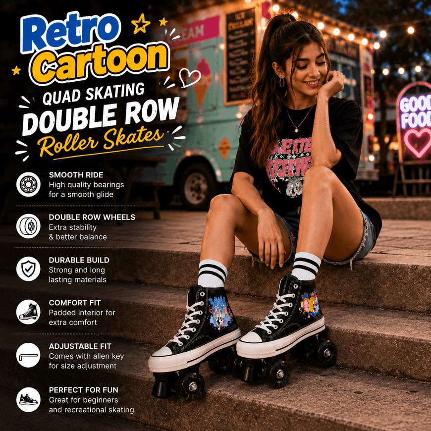 Retro Cartoon Quad Skating Double Row Roller Skates
