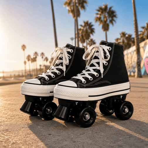 Black high-top roller skates with white laces on a sunlit street with palm trees in the background.