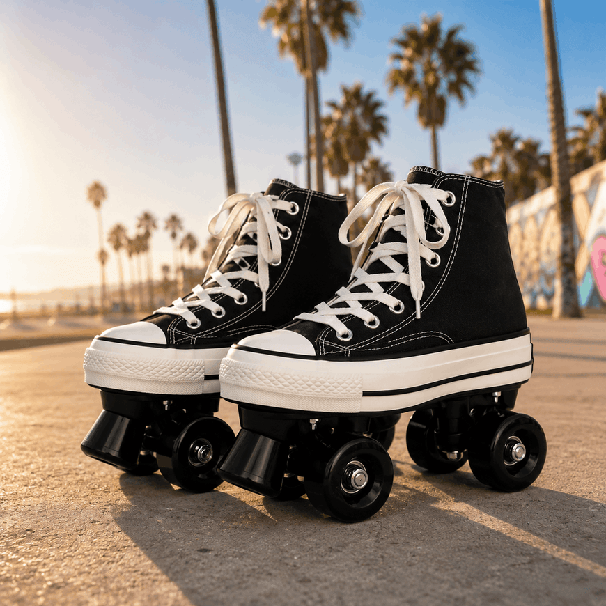 Black high-top roller skates with white laces on a sunlit street with palm trees in the background.