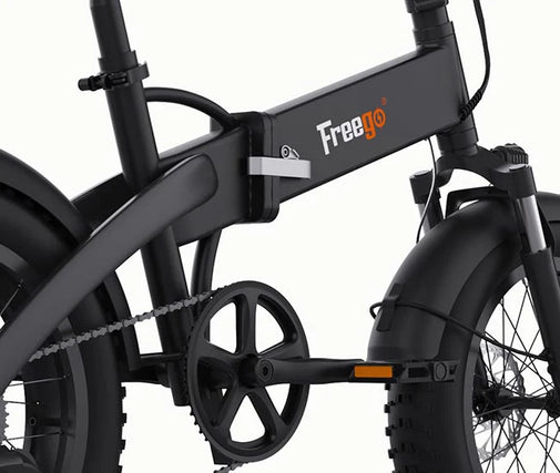 Black folding bike with 'Freego' branding on a white background. Freego eFlex Raptor E1 Shimano 7-Speed Foldable Fat Tire City Electric Bike