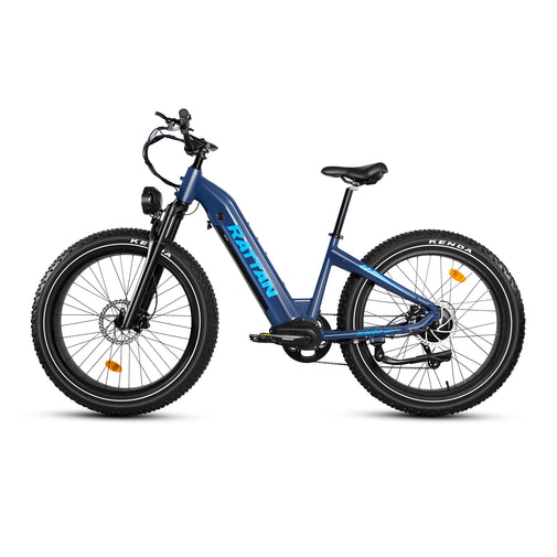 Blue electric bike with brand logo on a white background. Rattan Sequoia Fat tire eBike