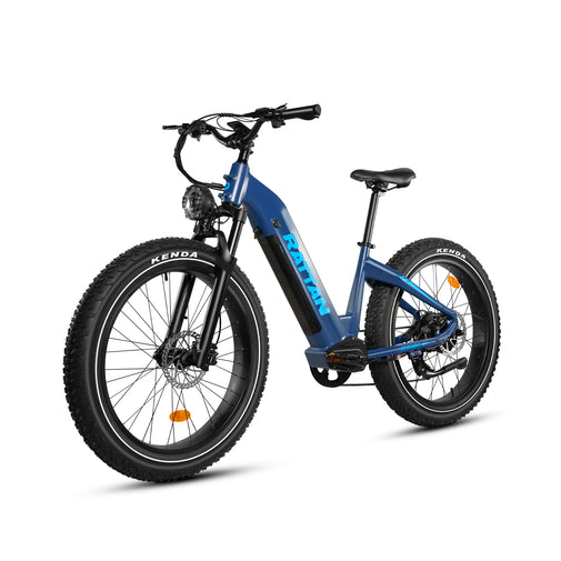 Blue electric bike with Kenda tires on a white background. Rattan Sequoia Fat tire eBike