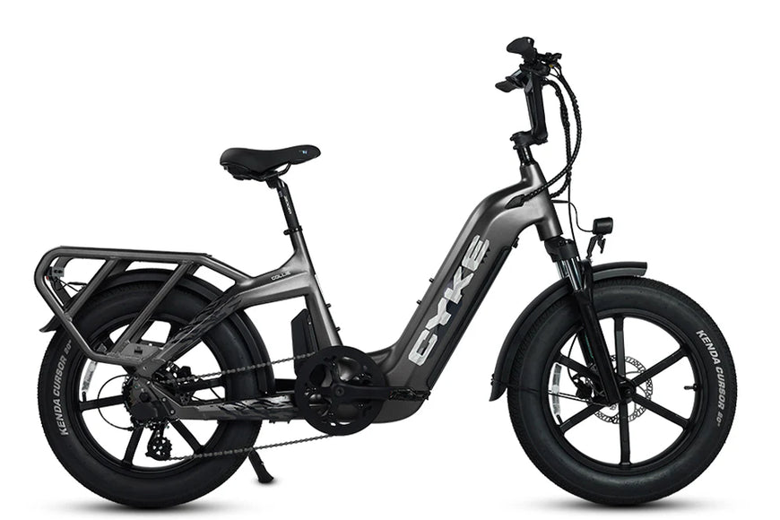 Gray electric bike with 'Cyke' branding on a white background.CYKE COLLIE Cargo EBike