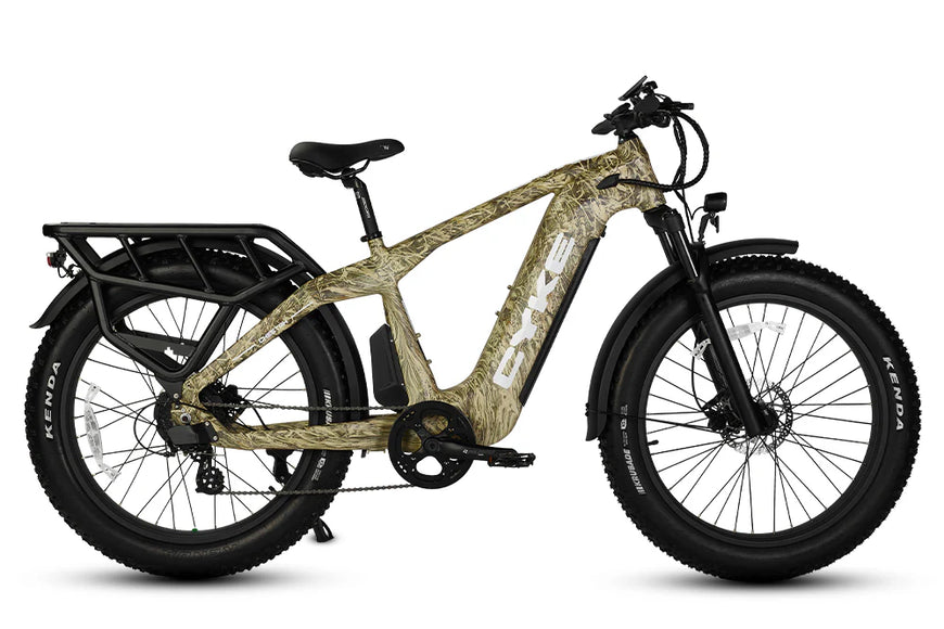 Camouflage-patterned electric bike on a white background. CYKE Cheetah Hunting EBike