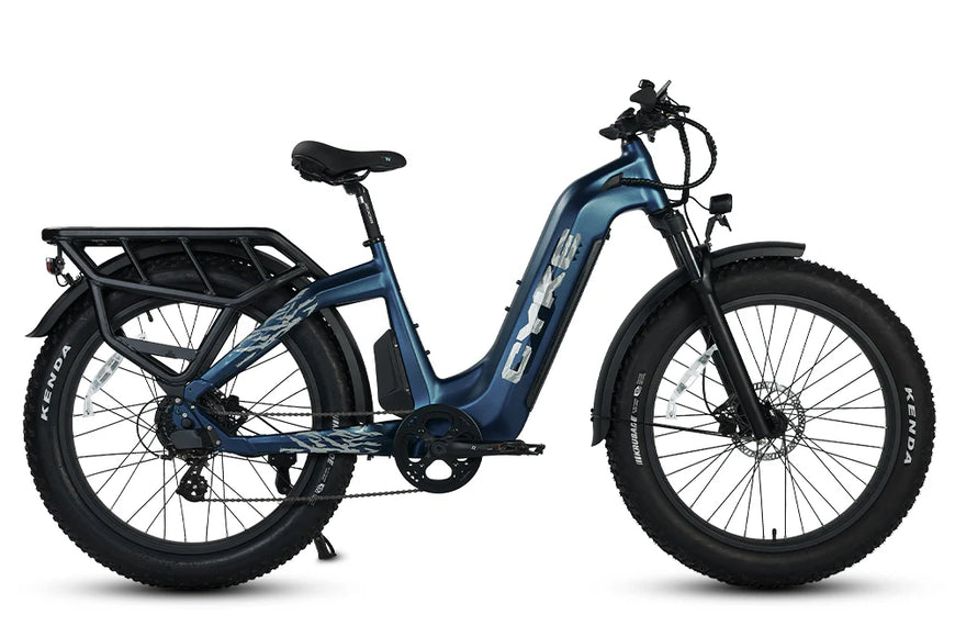 Blue electric bike with 'CYKE' branding on a white background. CYKE Lynx Commuter EBike