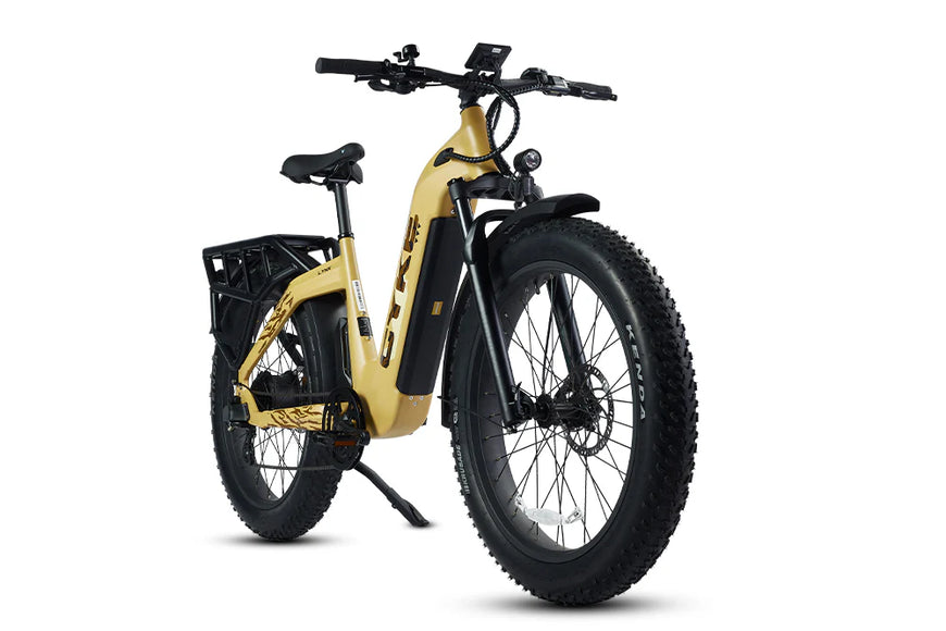 Gold electric bike on a white background. CYKE Lynx Commuter EBike