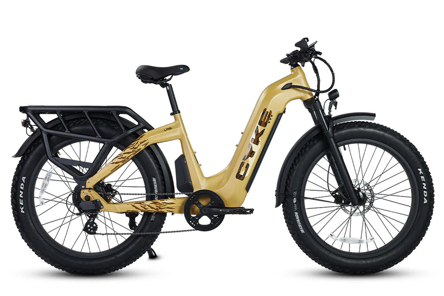 Beige electric bike with black accents on a white background. CYKE Lynx Commuter EBike