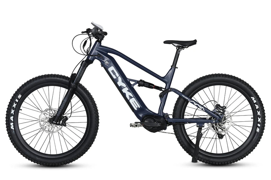 Blue electric bike with 'CYKE' branding on a white background. CYKE Falcon A Full Suspension eBike