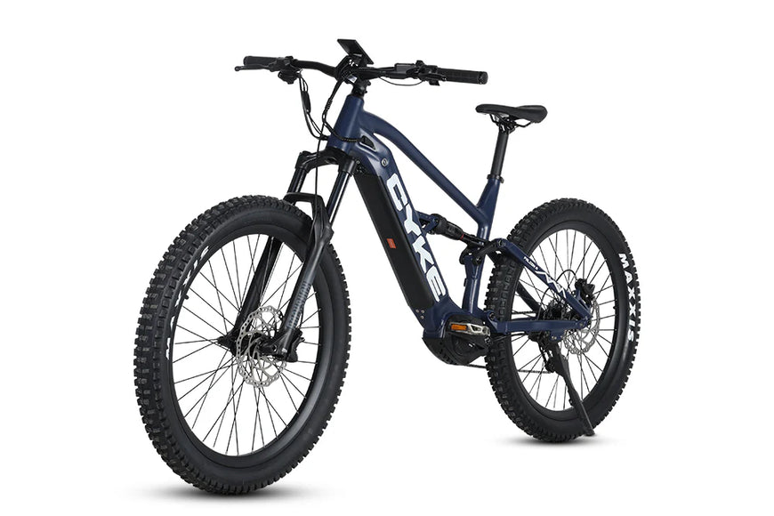 Electric bike with a black frame and tires on a white background. CYKE Falcon A Full Suspension eBike