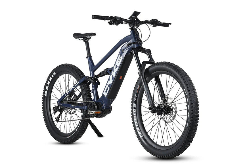 Blue electric bike on a white background. CYKE Falcon A Full Suspension eBike