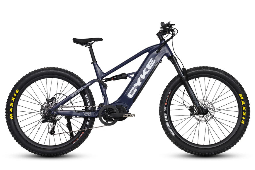 Blue electric bike with 'CYKE' branding on a white background. CYKE Falcon S Full Suspension Ebike