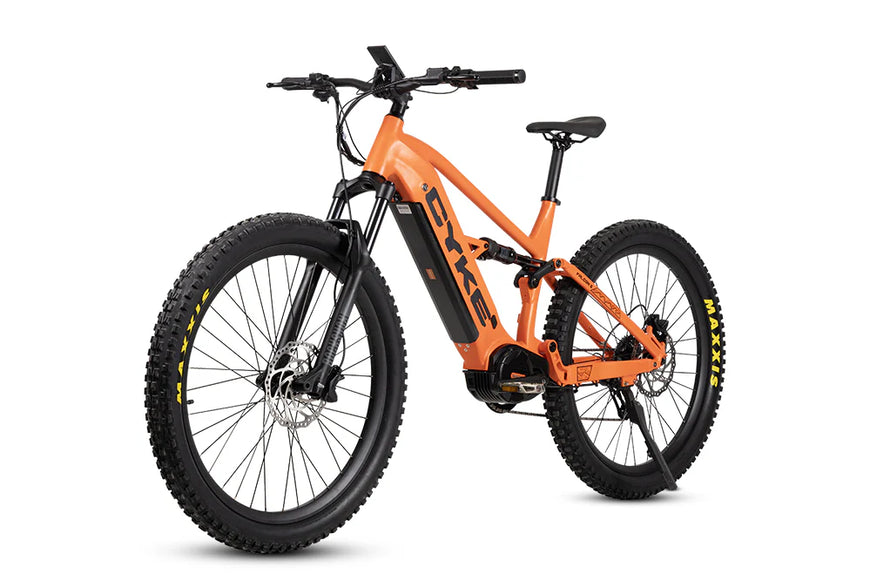 Orange electric bike with black components on a white background. CYKE Falcon S Full Suspension Ebike