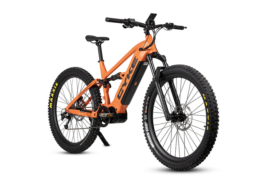 Orange electric bike on a white background. CYKE Falcon S Full Suspension Ebike