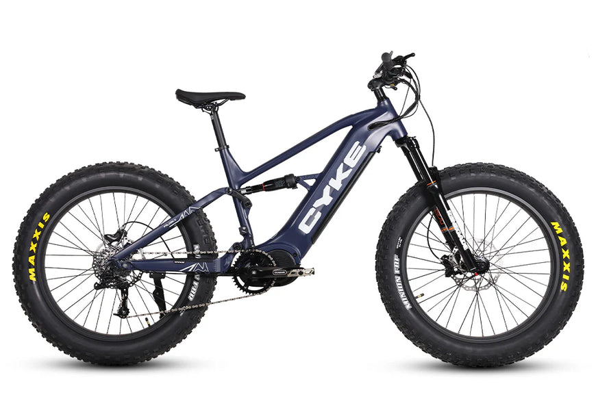 Blue electric bike with 'CYKE' branding on a white background. CYKE Falcon X Full Suspension EBike