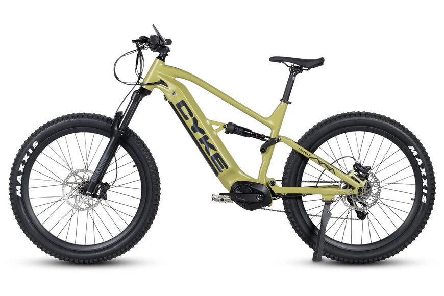 Yellow electric bike with black tires on a white background. CYKE Falcon A Full Suspension eBike