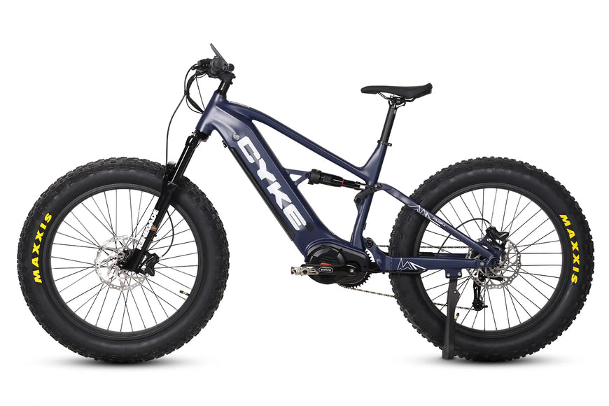 Blue electric bike with Maxxis tires on a white background. CYKE Falcon X Full Suspension EBike