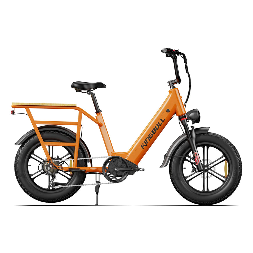 Orange electric bike with 'KINGBULL' branding on a white background. Kingbull Voyager 2.0 Fat Tire Electric Cargo Bike