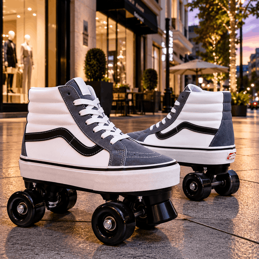 A pair of high-top roller skates in white and dark gray suede with black wheels, displayed on a city street at dusk.