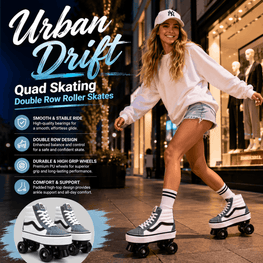 A woman wearing a gray and white quad roller skate with black wheels and striped socks is shown outdoors on a city street, balancing while wearing a white sweatshirt and denim shorts. The image includes promotional text reading 'Urban Drift Quad Skating Double Row Roller Skates' and a circular inset showing the skate from the front.
