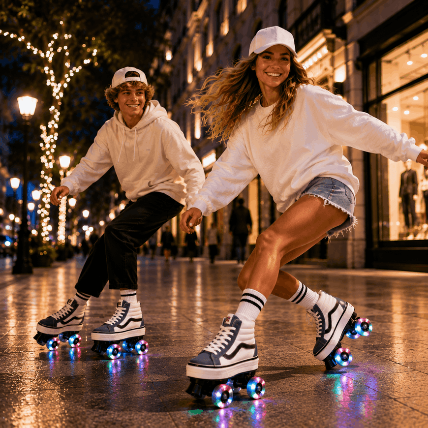 Two people roller-skating on a wet city street at night, wearing white hoodies, white caps, denim shorts, and white high-top roller skates with glowing multicolor wheels.