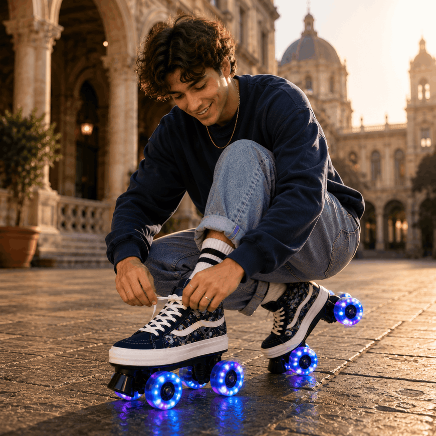 A smiling young man crouches on a stone plaza in front of a grand historic building, tying the laces on a navy low-top roller skate shoe with glowing blue LED wheels. He is wearing light blue jeans, a navy sweatshirt, and striped socks.