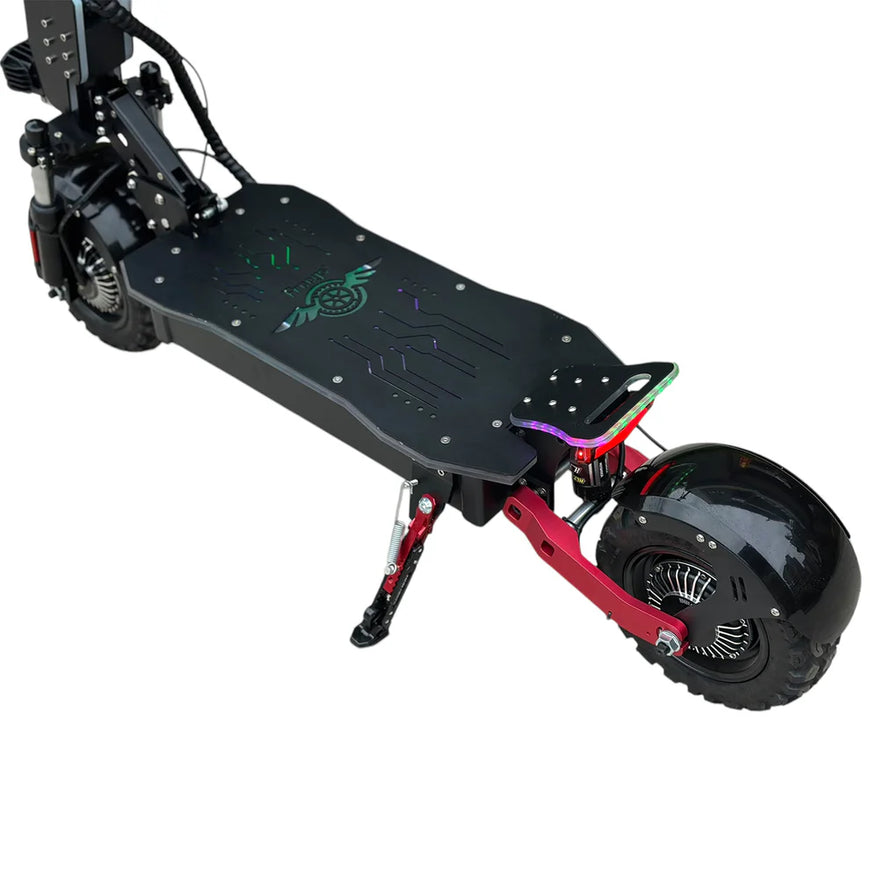 Black electric scooter with red suspension on a white background. Freego D11 Landtiger Electric Scooter Foldable Dual Motor 4000W