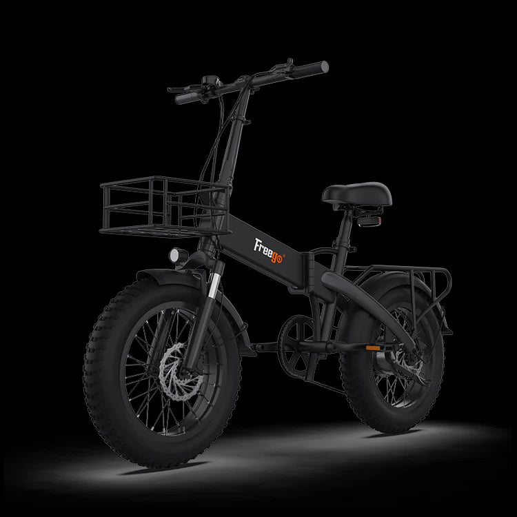 Black electric bike with a basket on a black background. Freego eFlex Raptor E1 Shimano 7-Speed Foldable Fat Tire City Electric Bike