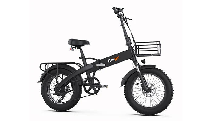 Black electric bike with a basket on a white background. Freego eFlex Raptor E1 Shimano 7-Speed Foldable Fat Tire City Electric Bike