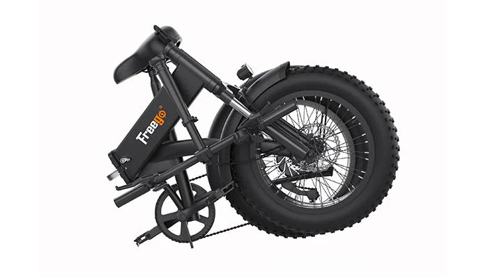 Black electric bike with 'Freebuds' branding on a white background. Freego eFlex Raptor E1 Shimano 7-Speed Foldable Fat Tire City Electric Bike