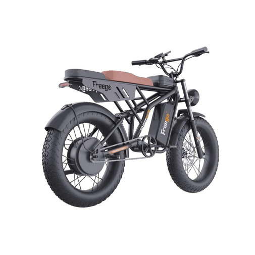 Black electric bike with large tires on a white background. Freego Shotgun Prime F2 Pro Electric Cargo Bike