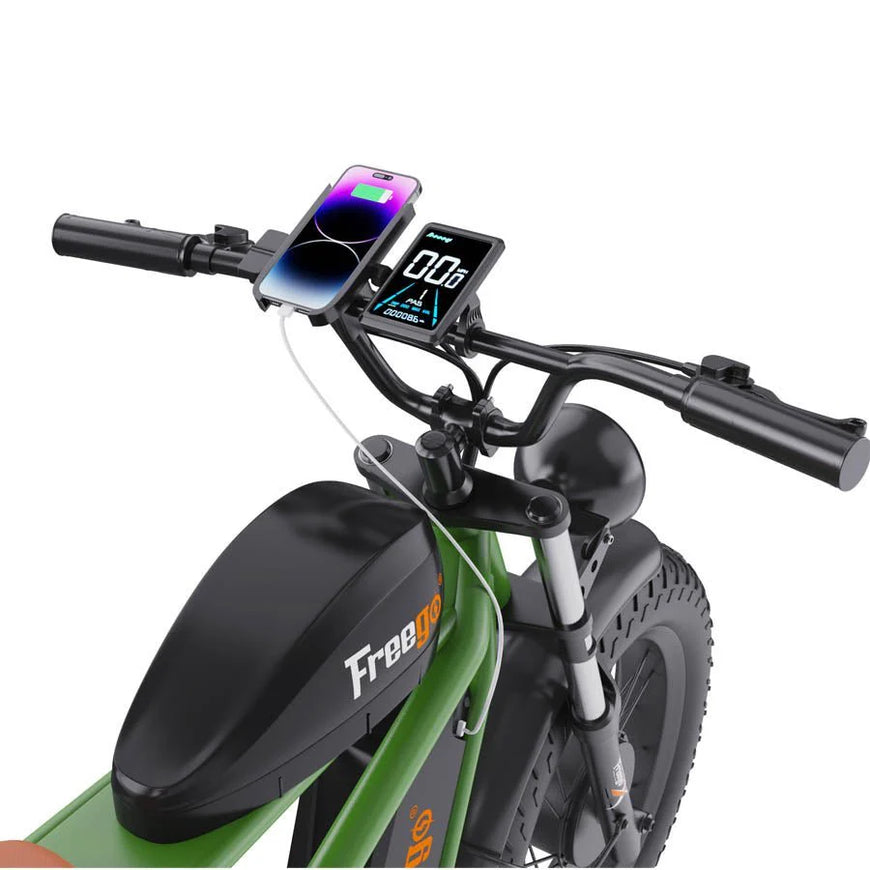 Green electric bike with handlebar-mounted device and smartphone on a white background. Freego Flash F3 Pro Max Dual Motor and Battery eBike
