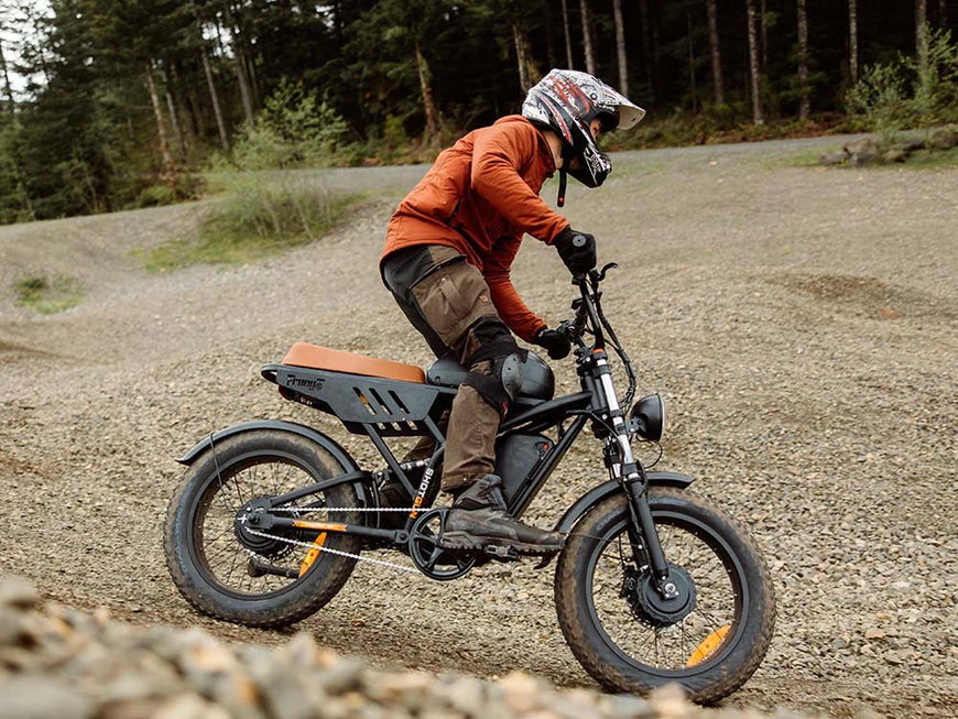 Person riding a black electric bike on a gravel path in a forest. Freego Flash F3 Pro Dual Motor and Battery eBike